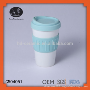 ceramic travel mug with silicone lid&wrap,porcelain mug